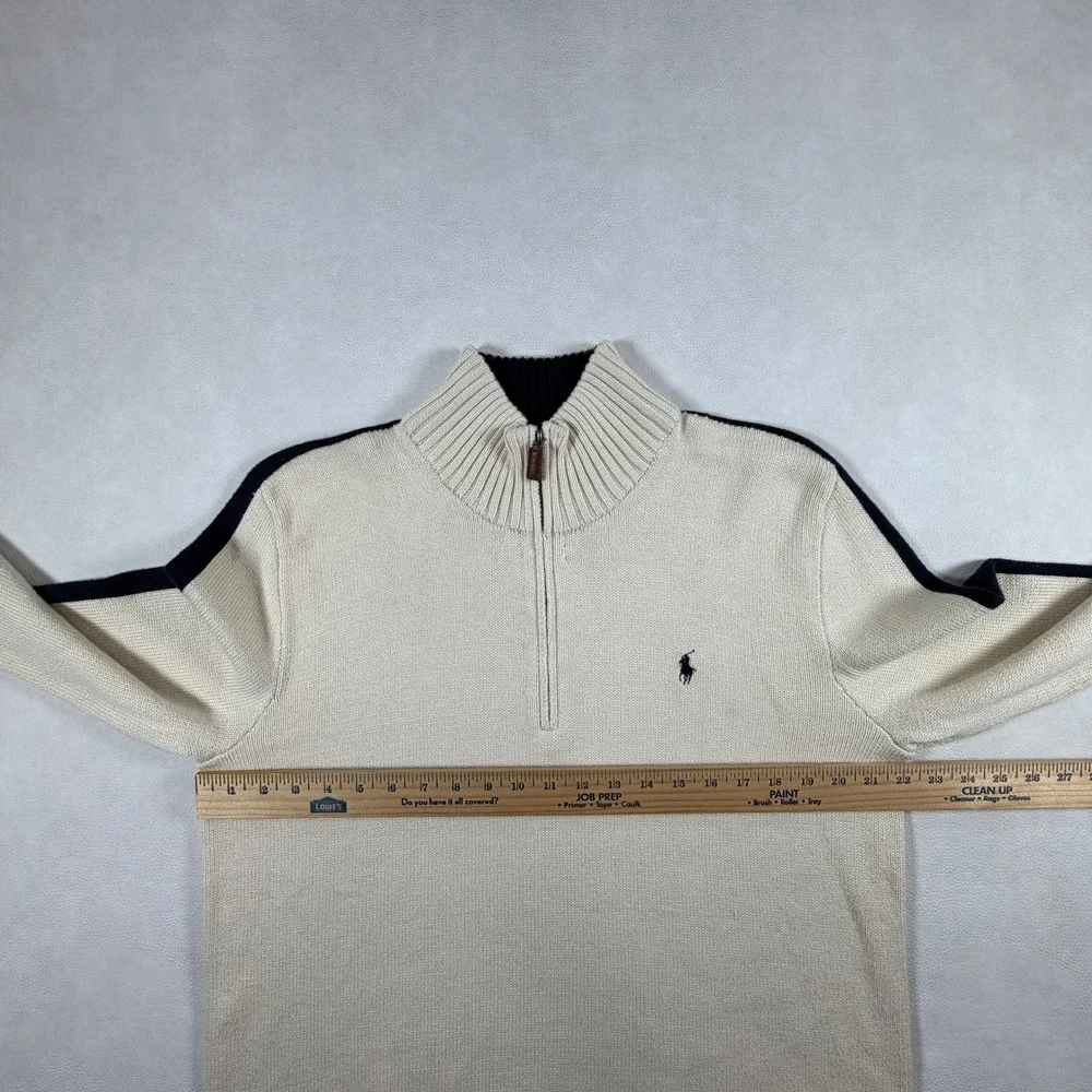 VTG Polo Ralph Lauren Navy Stripe Quarter Zip Pullover Mens Large Cream Sweater